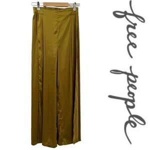 Free People Pleated Open Front Pants Wide Leg Lightweight In Mustard